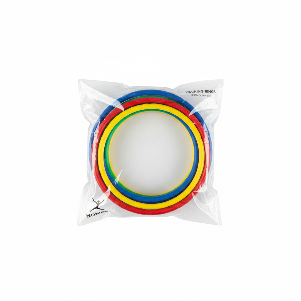 QUIERO  UNA FOTO DE FONDO BLANCO CON AROS DE COLORES EN UN PAQUETE DE PLASTICO